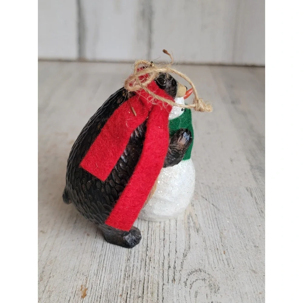 Rustic folk art Forest Friends snowman bear raccoon ornament Xmas unique